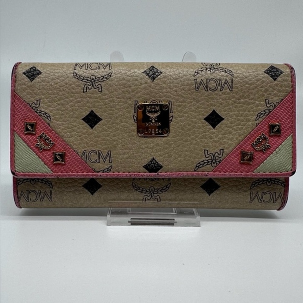 MCM Stark Visetos Studded Continental Wallet – Pink & Green Trim, Ltd Edition